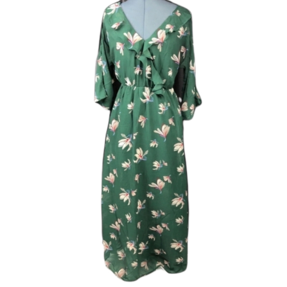 Japna Green Floral Ruffled Maxi Wrap Dress